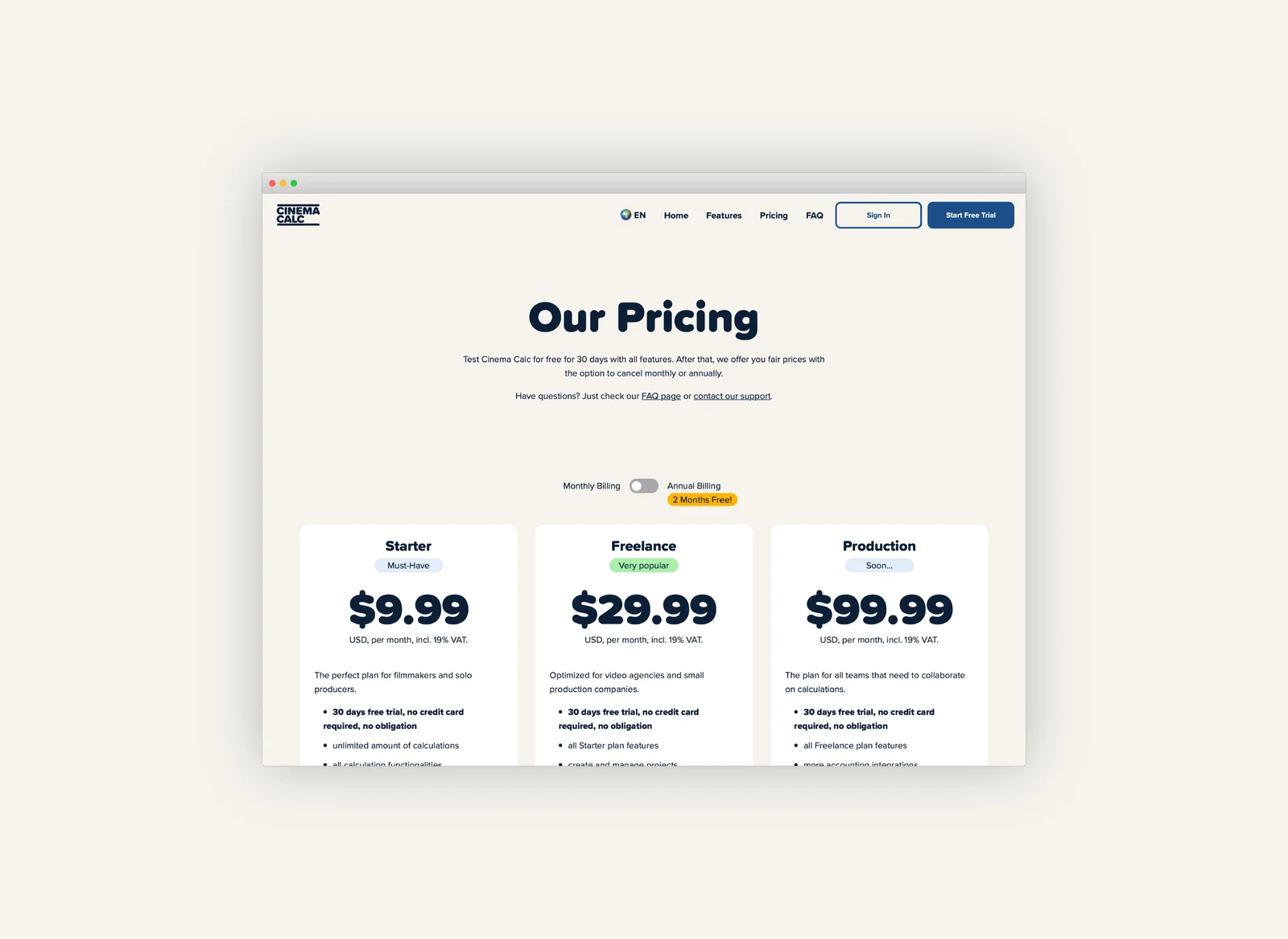 Screengrab of the Cinema Calc pricing page