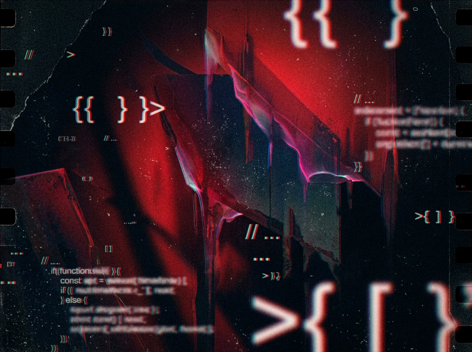 Abstract glitchy AI Art of floating code elements