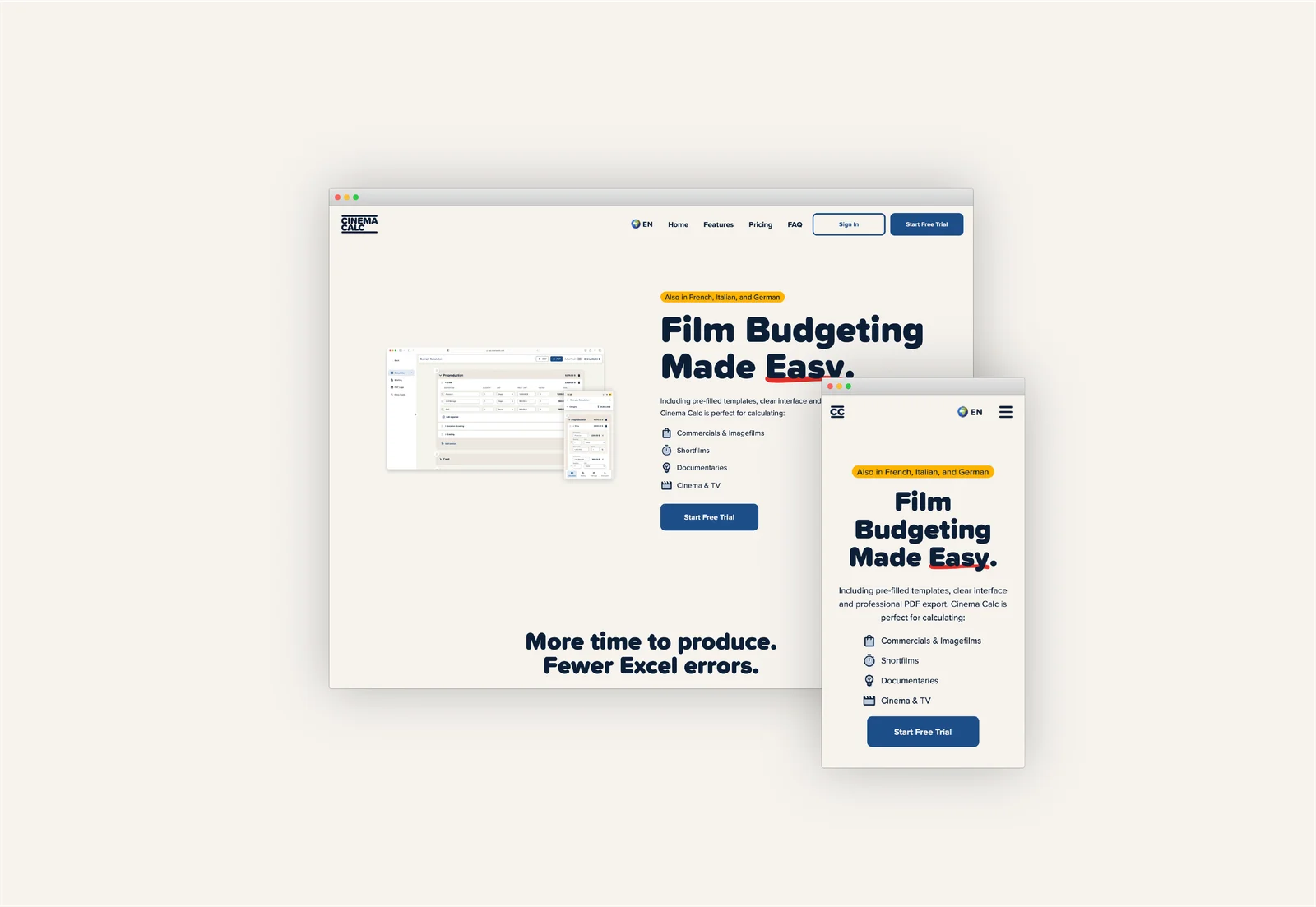 Screengrab of the Cinema Calc homepage