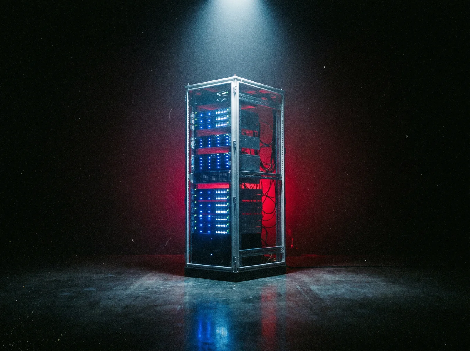 still-life photograph of a tall open server rack
