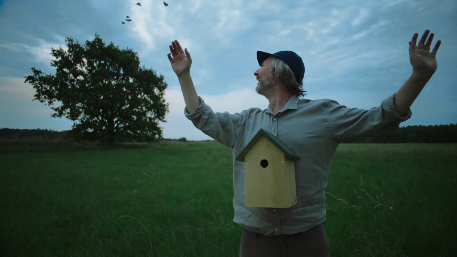 Bearded man in a bucket hat raising his arms in a meadow with a birdhouse on his chest, while birds fly overhead in a field
