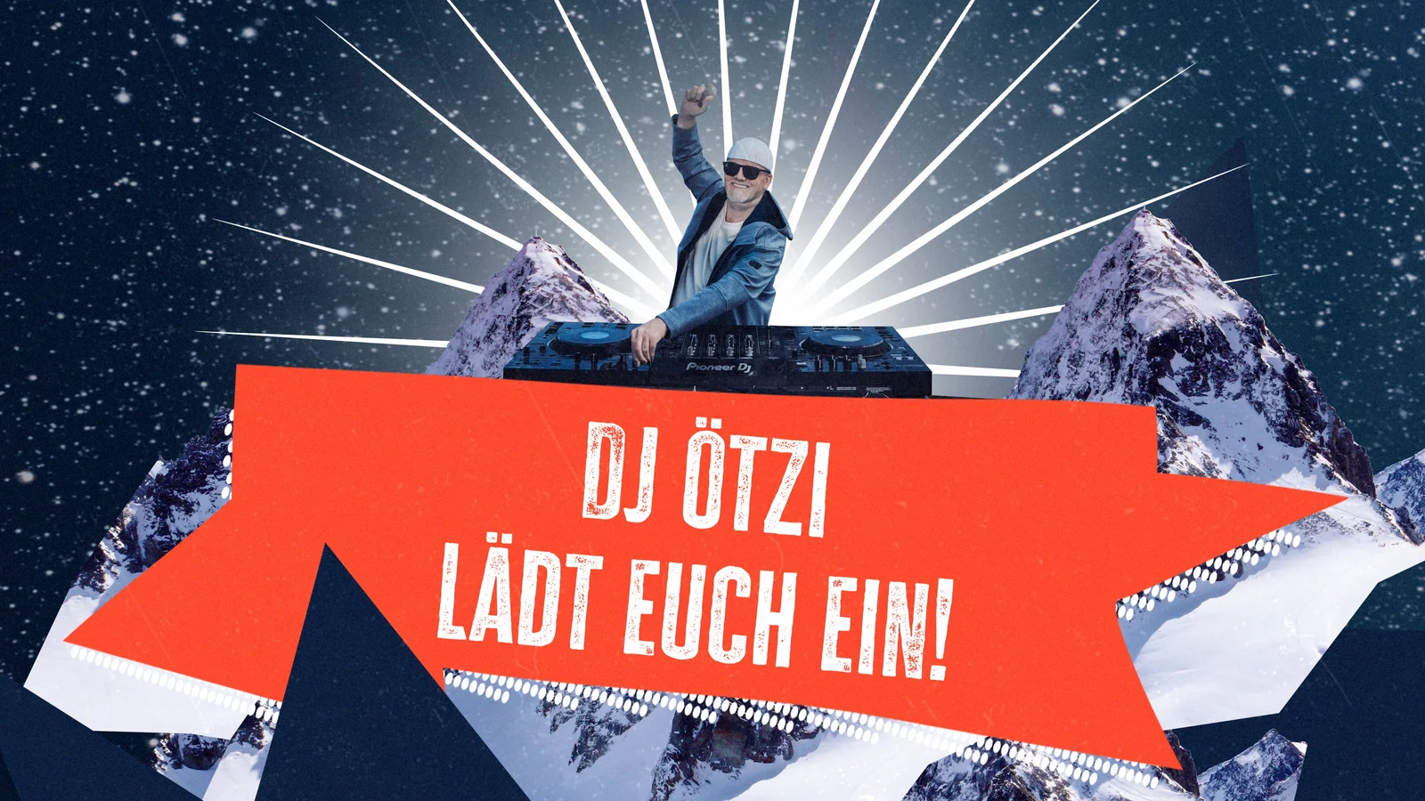 DJ Ötzi stands behind a DJ booth in a stop-motion winter scene